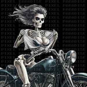 May include: A skeleton wearing a white shirt and a blue bikini top is riding a black motorcycle. The background is black with the text "PIXEL PARADISE" repeated.
