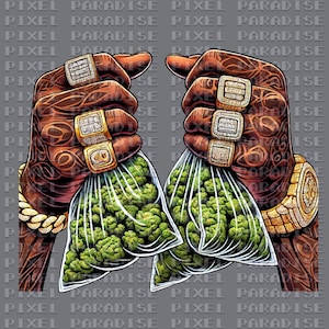 Op de afbeelding: Illustratie van twee handen met gouden ringen en een horloge, die doorzichtige zakken met groene toppen vasthouden. De achtergrond heeft de tekst "PIXEL PARADISE" in een herhalend patroon. De handen zijn getatoeëerd.