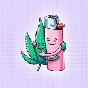May include: A cartoon image of a pink lighter embracing a green cannabis leaf. The lighter has a silver top and orange button. The leaf and lighter have smiling faces. The background is light purple with the words "PIXEL PARADISE" repeated.