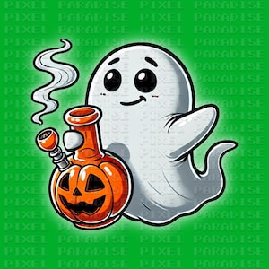 Puede incluir: Ilustración de dibujos animados de un fantasma amigable con un bong de calabaza y humo. El fantasma es blanco con ojos negros y una sonrisa. El bong es naranja con una cara de calabaza tallada. El fondo es verde con "PIXEL PARADISE".
