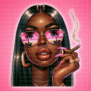 May include: A digital illustration of a woman with long black hair wearing pink sunglasses with palm trees reflected in the lenses. She is holding a lit cigarette in her right hand and has a nose ring and a lip ring. She is wearing gold jewellery and has pink glitter on her nails.
