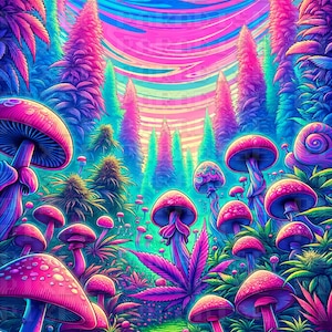 May include: A vivid psychedelic artwork depicting a forest with large, pink mushrooms, cannabis leaves, and stylized trees. The background features a swirling, rainbow-hued sky. The word "PARADISE" is visible at the top of the image.