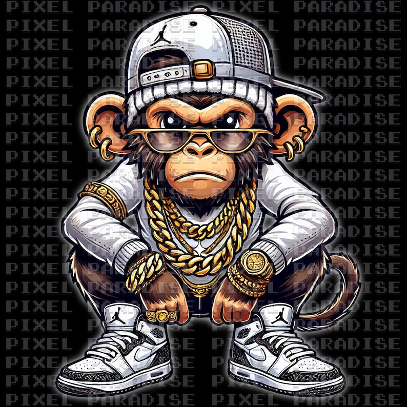 May include: A cartoon illustration of a monkey wearing a white baseball cap, sunglasses, and a gold chain. The monkey is wearing white sneakers with black accents and has a serious expression.