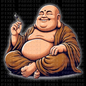 Puede incluir: Una ilustración de dibujos animados de un Buda sonriente y regordete sentado con las piernas cruzadas, sosteniendo un porro encendido en su mano derecha. Lleva una túnica marrón y tiene un punto rojo en la frente.