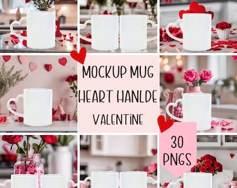 White Mug heart handle Valentine mockup bundle,, 11 oz blank mug, ceramic cup, white Mug heart handle mockup 11 oz, 30 image Mug Bundle, PNG