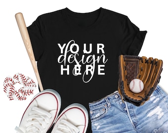 Baseball black shirt mockup, tagless mockup, Bella & canvas flatlay mockups, 3001cmockups, women shirt mockup, spring baseball mockup, PNG