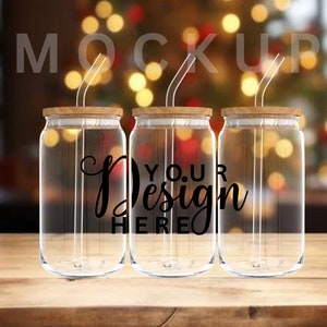 3 Libbey Christmas Glass Mockup, Canva Full Wrap Mockup, Drag and drop Mockup, Clear 16oz Libbey glass Mockup, 1 Editable Mockup Canva