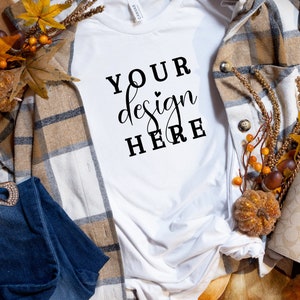 White Bella and Canvas 3001 T-Shirt Mockup, Fall Mockup, Women&#39;s Tee Mockup, White Fall T-Shirt Mockup