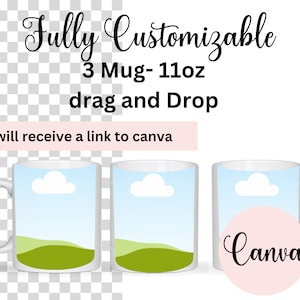3 Mug mockup full wrap, drag and drop mockup, 11 oz white mug mockup, fully customizable mockup 11 oz, Canva Mockup, Transparent Mug Mockup