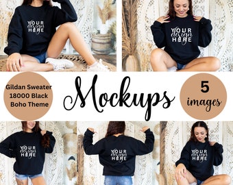 Gildan Model Mockup, Gildan Black Boho Mockup, Gildan Black Sweatshirt Mockup, Gildan Black, 18000 Black, Sweatshirt Mockup, Sweater Mockup