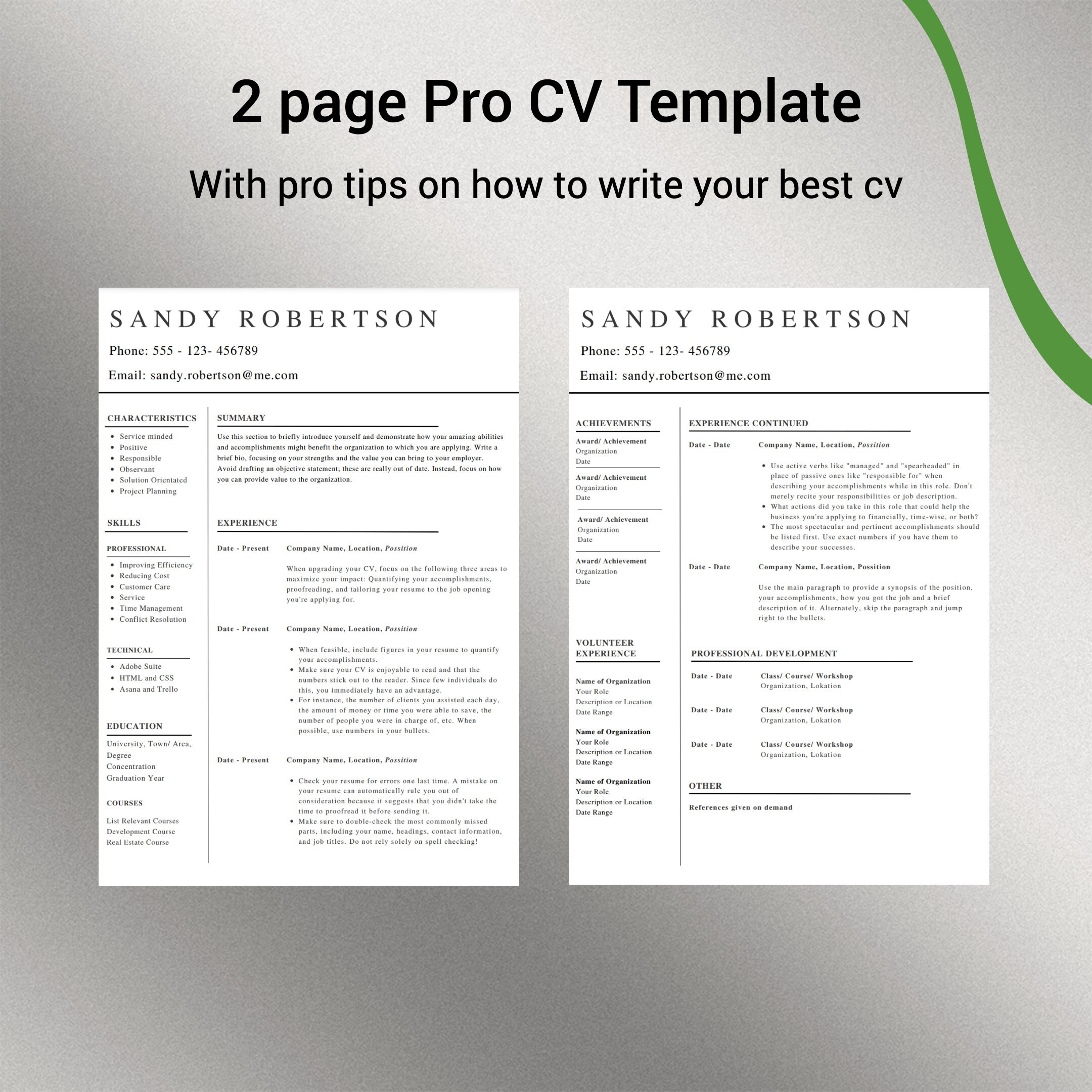 2 Page Pro CV Template, 2 Page Resume & Cover Letter Template, CV ...