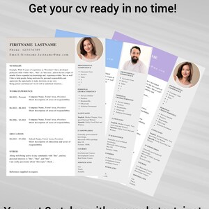 May include: Three resume templates with example text, ready to be customized. The resumes are in shades of gray, blue, and purple. The text "Pro CV Template" and "Get your CV ready in no time!" are at the top.