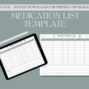 medication list digital download, printable template, medication log for doctors, log prescriptions, dose and more - JPG, PDF & PNG formats