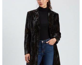 Vintage 90s Charles Gray London Crushed Velvet Long Blazer Dress Coat Black S