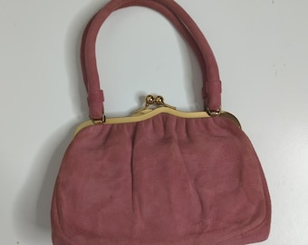 Vintage Mauve Suede Kiss Lock Top Handle Handbag Evening Purse Romantic Vogue