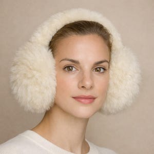 May include: A pair of fluffy, off-white earmuffs featuring a thick, textured faux fur material. The earmuffs have a rounded, plush design that covers the ears completely, connected by a matching soft headband that rests across the top of the head.