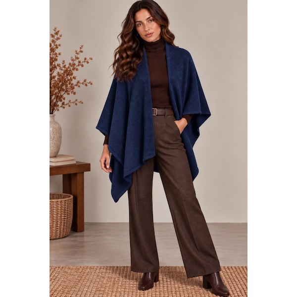 Peruvian Alpaca Blend Navy Knit Shawl Wrap Poncho Cape Ruana w/ Horn Toggle Pin
