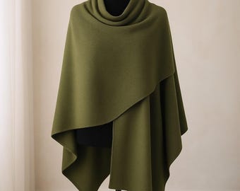Peruvian Soul Alpaca Olive Knit Shawl Wrap Poncho Cape Ruana w/ Horn Toggle Pin