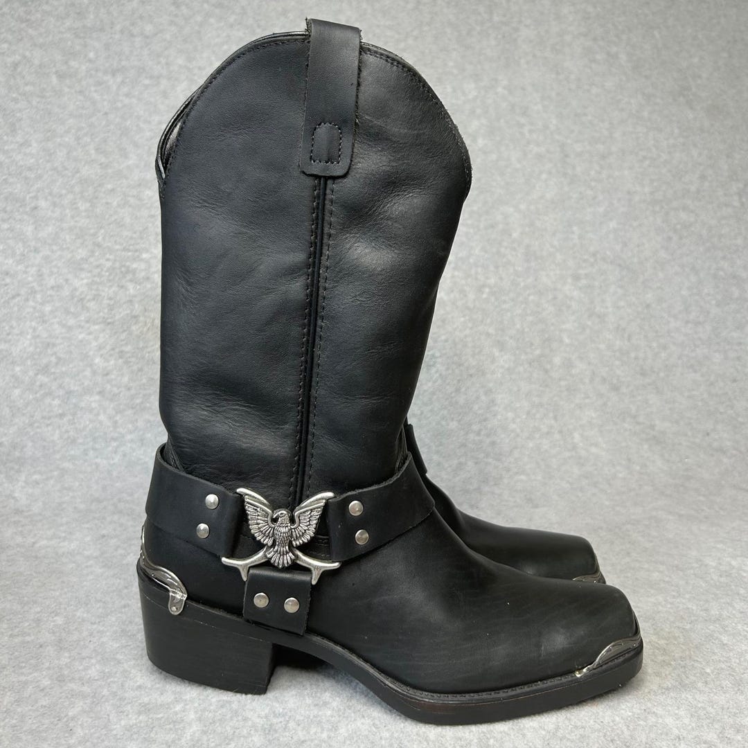 Vintage Code West Eagle Harness Boots Mens 8 EE Black Leather Made USA ...