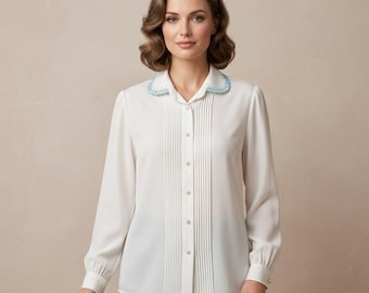 Koret Blouse Womens 10 White Embroidered Scalloped Collar Pintuck Coquette BC