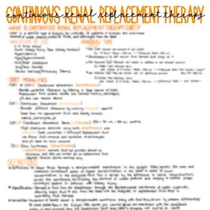 May include: A handwritten page with the title "Continuous Renal Replacement Therapy" and information about the therapy. The page includes two illustrations of medical equipment, one labeled "Prismaflex" and the other "NSSTAGE".