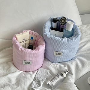 Argent puff basket - stripe blue/pink, Cosmetic Storage Baskets, Makeup Puff Bucket Organizer, Makeup Organizer