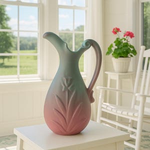 May include: A ceramic pitcher with a two-tone color scheme, transitioning from a teal green to a soft pink. The pitcher features a floral design and a curved handle. It is displayed on a white table in a bright room.