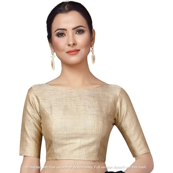 Handmade Indian Designer Plain Golden Silk Blouse In Scoop Neck And  3/4  Sleeve, Crop Indian Blouse, Saree Blouse, Lehenga Blouse, All Size