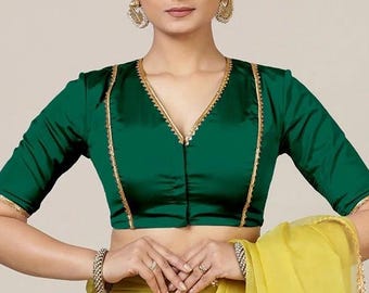 Blusa de seda hecha a mano color verde con escote en V y manga corta, blusa para mujer, blusa, blusa para sari, blusa india, blusa
