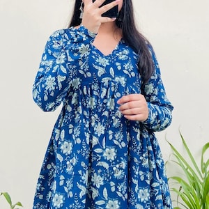 Handmade Rayon fabric floral printed flared blue color Kurti/Top in Pure Modal Fabric – Tone to tone Floral Design, Comfortable & Stylish