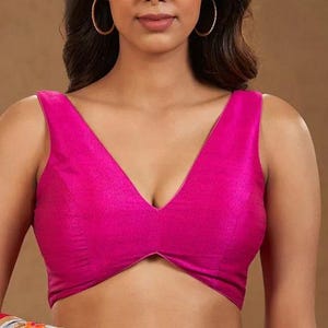 Handmade Indian Designer Plain Pink Silk Blouse In V-Neck And Sleeveless Blouse Indian Blouse, Saree Blouse, Lehenga Blouse, All Size