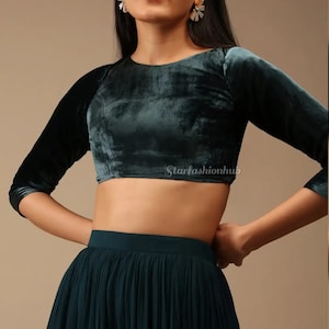 Handmade Indian Designer Plain Blue Velvet  Blouse In Boat Neck And 3/4 Sleeves Blouse Indian Blouse, Saree Blouse, Lehenga Blouse, All Size