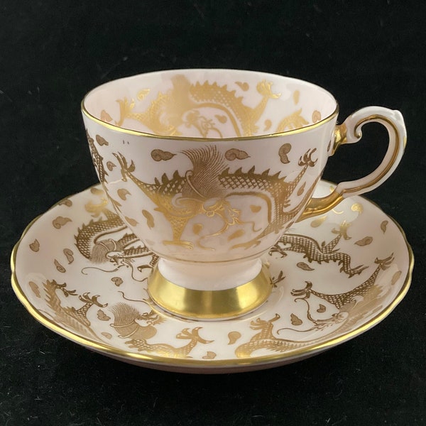 Vintage Tuscan Pink Dragon Teacup and Saucer, Made in England, Fine English Bone China, Pink and Gold Dragons, Rare and Unique