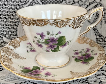Vintage Royal Standard Teacup and Saucer: Purple Floral, Gold Trim, Bone China