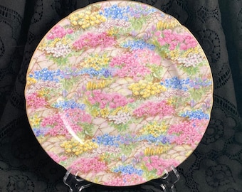 Vintage Shelley Rock Garden Salad Plate: Fine Bone China with Gold Rim