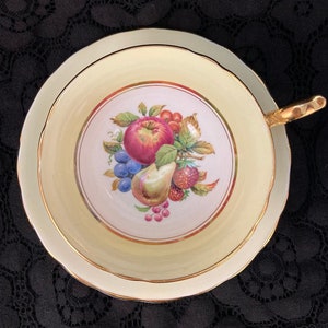 Vintage Windsor Fruit Teacup and Saucer Set with Yellow Bands and Gold Rim, Bone China, Made in England