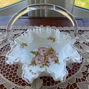 Vintage White Milk Glass Basket with Hand Painted Pink Flowers and Glass Handle, Ruffled Edges, Weddings, Showers, Decoration