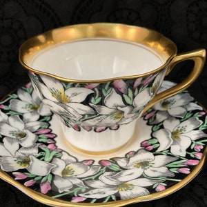 Vintage Rosina Teacup and Saucer Set Pattern 4860A with White and Pink Flowers and Large Gold Bands, Bone China, Made in England