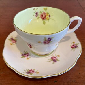 Foley Teacup and Saucer Dainty Floral Pink Chintz Pattern, Foley Bone China, Made in England, Vintage Mid-Century 1950&#39;s