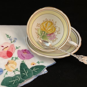Vintage Teacup and Saucer, Victoria C&E &quot;Chelsea&quot; Pattern with Hand-Embroidered Floral Tea Towel and Vintage Victoria B.C. Spoon
