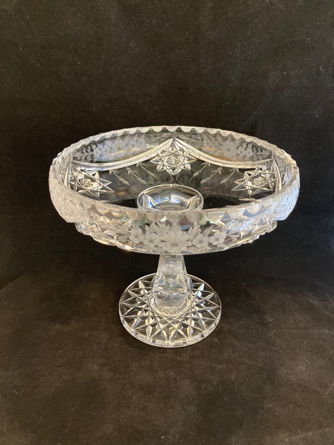 Vintage Crystal Compote Footed Bowl Floral Etched Pattern, Brilliant