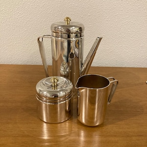 Italian Silverplate and Brass Coffee Service, Signed PM Italy, Coffee Pot, Creamer, and Sugar Bowl, Vintage, Mid-Century Modern