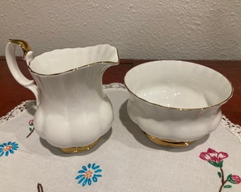 Royal Albert Val D'or Cream and Sugar Set, Classic White with Gold Trim, Bone China Made in England, 1960s - 2000s