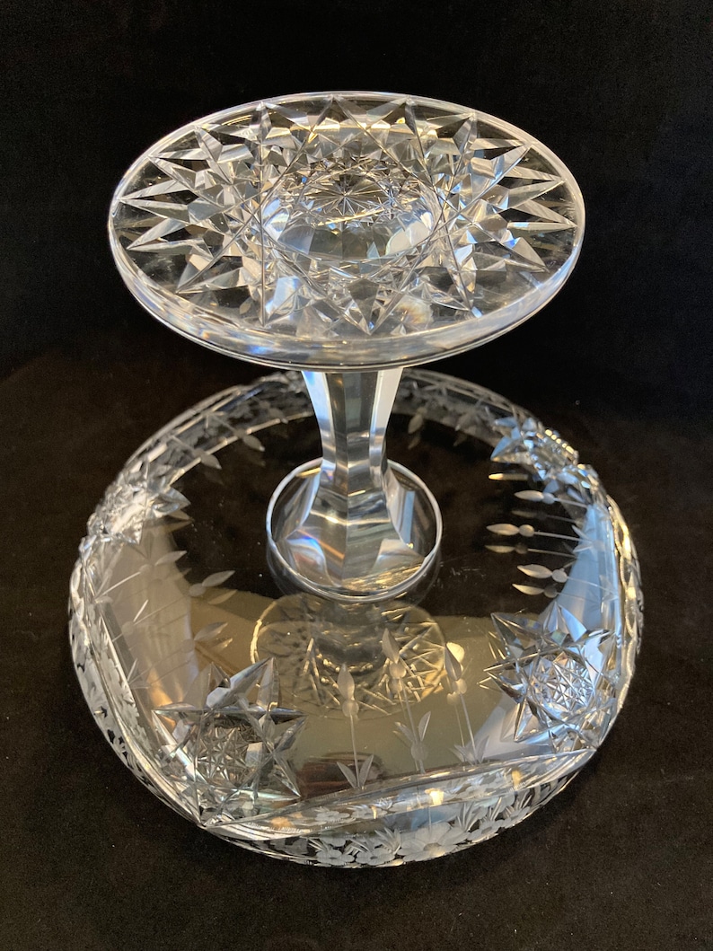Vintage Crystal Compote Footed Bowl Floral Etched Pattern, Brilliant