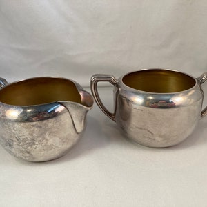 Vintage Silver Creamer and Sugar Bowl, Silver on Brass