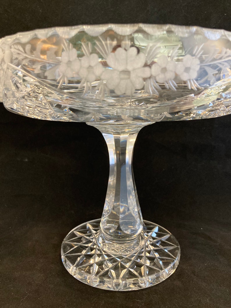 Vintage Crystal Compote Footed Bowl Floral Etched Pattern, Brilliant