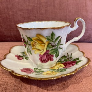Vintage English Teacup and Saucer Set with Pink and Yellow Roses by Imperial, Fine Bone China, Made in England