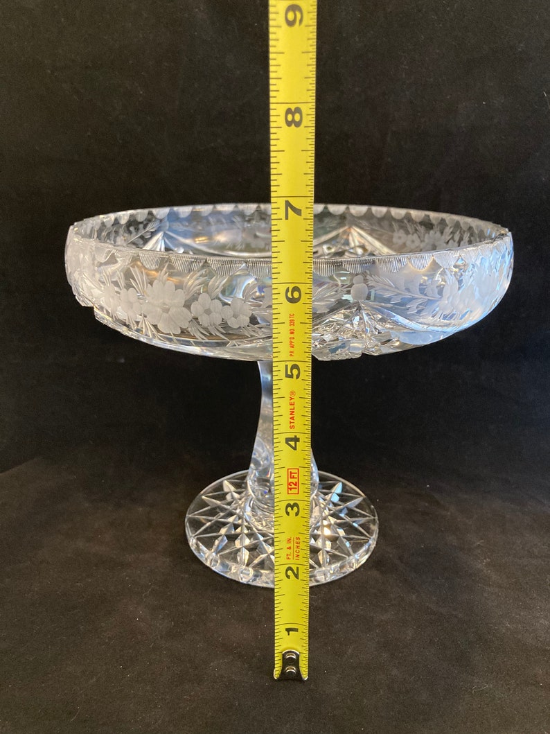 Vintage Crystal Compote Footed Bowl Floral Etched Pattern, Brilliant