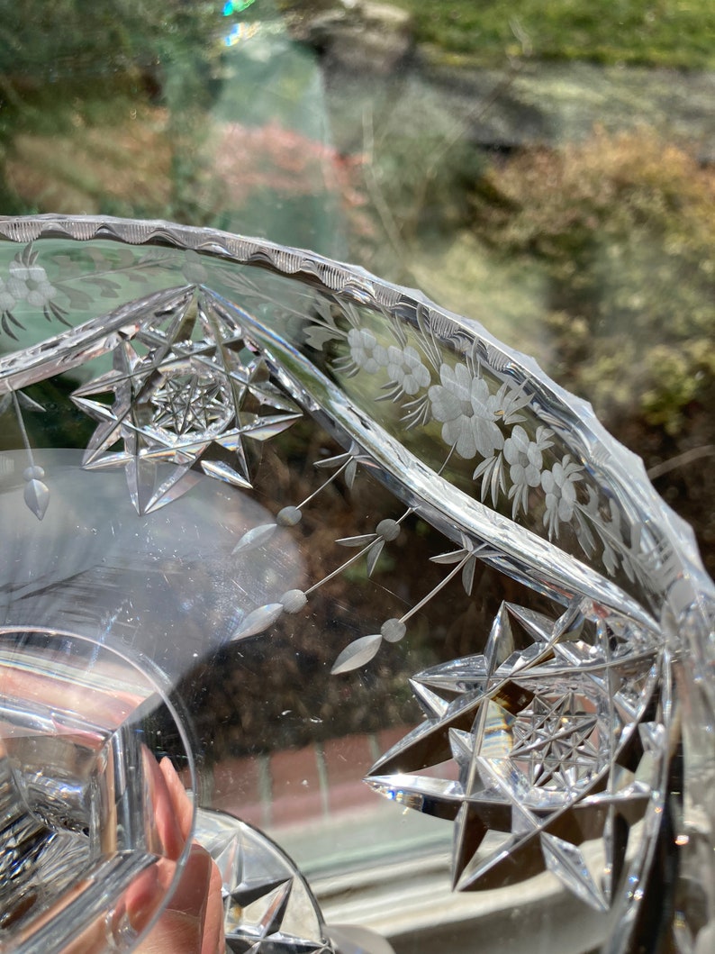 Vintage Crystal Compote Footed Bowl Floral Etched Pattern, Brilliant