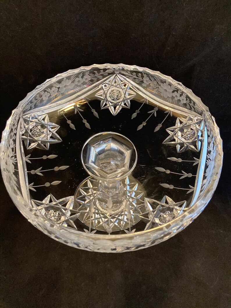 Vintage Crystal Compote Footed Bowl Floral Etched Pattern, Brilliant